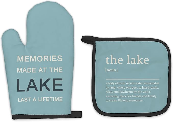 Blue Lake Lovers Gifts Oven Mitts and Pot Holders Sets, Lake House Gifts Kitchen Accessories Sets, Lake House Decor, Memories Made at The Lake Heat Resistant Oven Glove Potholders for Kitchen