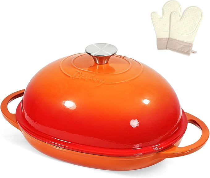 Davivy 6QT Oval Sourdough Bread Dutch Oven with Silicone Oven Mitts, Cast Iron Bread Pan Sourdough Pan with Lid, Enameled Cast Iron Bread Cloche Dutch Oven- Flame Orange