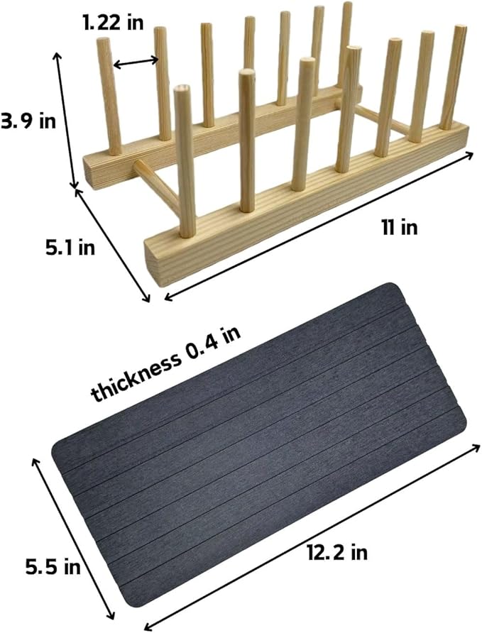 Wooden Dish Drying Rack with Stone Drying Mat for Kitchen Counter-Plate Organizer for Cabinet and Utensil, Cutting Board, Pot Lid Storage