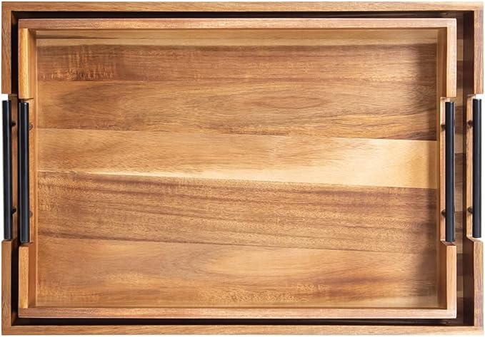 2PCS Large Wooden Ottoman Tray Rectangle Trays for Big Ottoman Counter Huge Kitchen Wood Serving Trays with Handles, Decorative Tray for Living Room Premium Acacia Wood Tray(20.1'' + 18.1'')