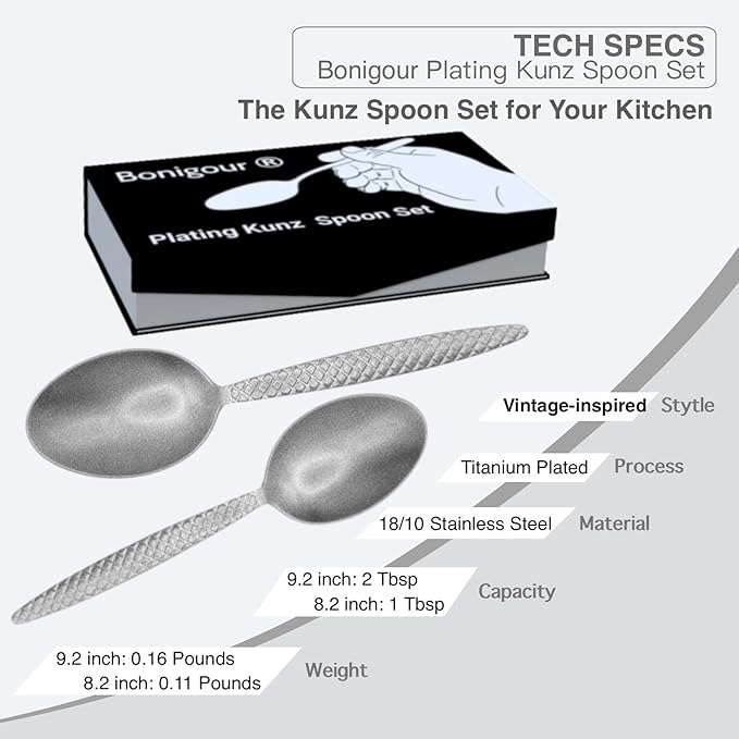 Chef Kunz Spoons - Professional Kitchen Spoon Set for Basting, Plating, Quenelle, Serving, Sauces| Vintage-inspired 8" & 9" Chef Spoon Set| Culinary Plating Tools with Non-Slip Grip (Silver)