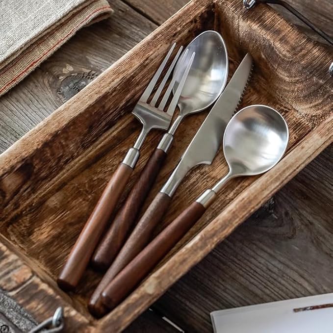 Walnut Wooden Silverware Set Flatware Set for 4 Exquisite Ergonomic Wood Handle Utensil Sets 18 10 Stainless Steel Cutlery Sets Include Fork Knife Spoon Matte Tableware,Dishwasher Safe