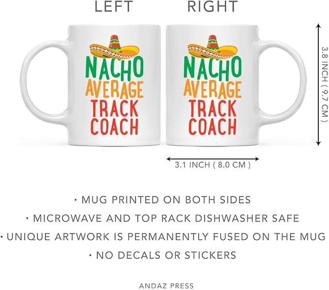 Andaz Press Funny Quirky 11oz. Ceramic Coffee Tea Mug Gag Gift, Nacho Average Track Coach, 1-Pack, Spanish Themed Birthday Christmas Gift Ideas Coworker Him Her, Includes Gift Box