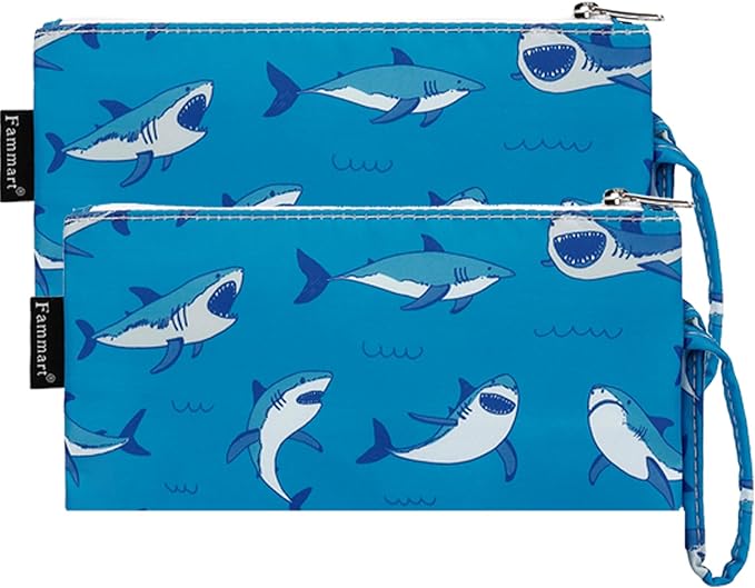 Reusable Sandwich Bag/Snack Bag for Kids & Adults, Dual Layer Lunch Bag with Handle, Washable, Food Safe, BPA Free (2-Pack, Shark)