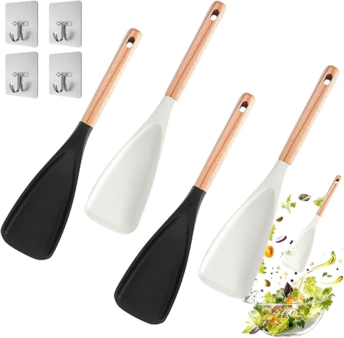 Cedar and Ash Spoon, Multifunction Spatula Cooking Spoon, Heat-Resistant Silicone, Wooden Handle, Safe for Nonstick Cookware, Ergonomic Grip, Ideal for Stirring, Mixing, Serving (4pcs White+Black)