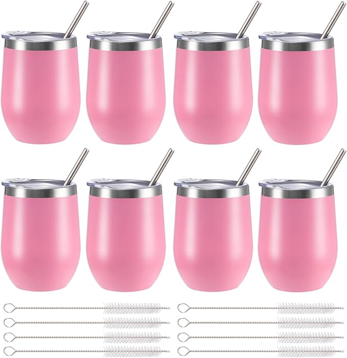 12 oz Insulated Wine Tumbler with Lid and Straw,Stainless Steel Stemless Wine Tumbler Glasses Double Wall Vacuum Wine Cups Tumbler Bulk for Coffee,Champaign,Cocktail,Office(Pink,8)