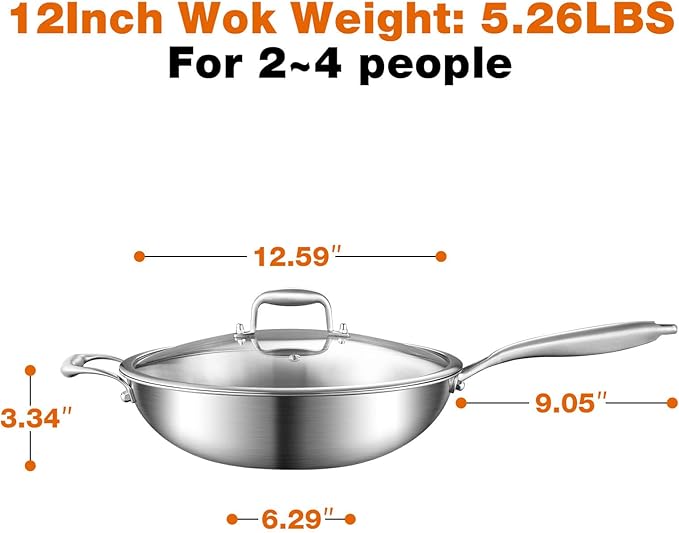 DELARLO Tri-Ply Stainless Steel Wok, 12 Inch Healthy Non-Toxic Cooking Wok Pan with Lid, With Side Ear, Wide & Deep Cookware Stir-Fry Pans, Dishwasher and Oven Safe Up To 600°F, Works on Induction