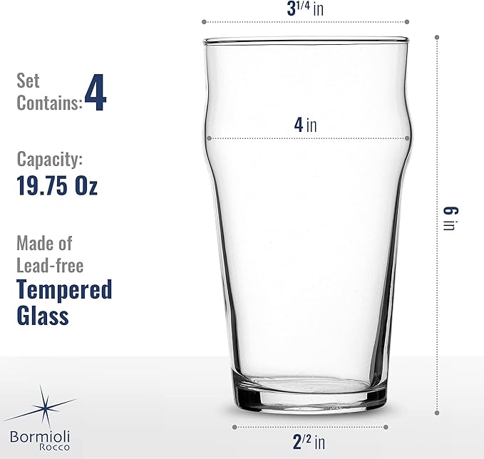 Bormioli Rocco Nonix Set Of 4 20 Oz Pint Glasses | British Pub Style Beer Glasses | Easy Stacking in The Cupboard | Premium Craft Beer Glasses Made In Spain