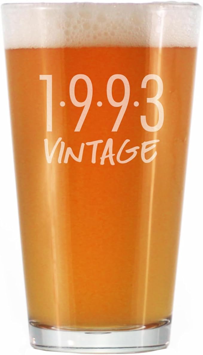 Bevvee Vintage 1993 Pint Glass for Beer - 32nd Birthday Gifts for Men or Women Turning 32 - Fun Bday Party Decor - 16 oz