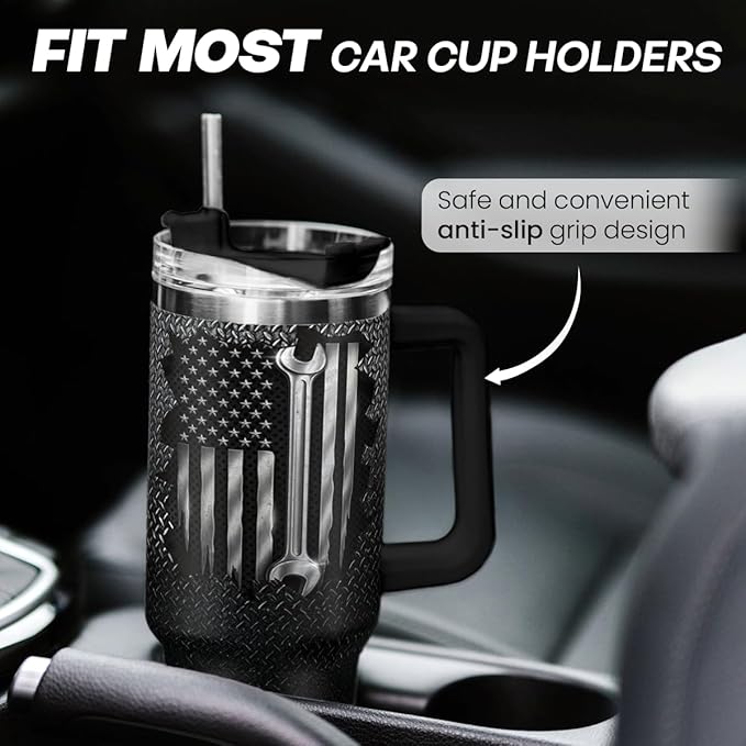 SANDJEST Mechanic Gift for Men, 40oz Stainless Steel Insulated Coffee Tumbler With Lid & Straw, Travel Mug Gift for Dad Husband, Christmas Birthday Father's Day