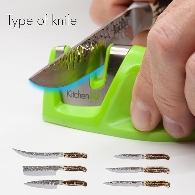 KitchenIQ 50881 - Edge Grip 2-Stage Knife Sharpener - Green - Coarse & Fine Sharpeners -Compact for Easy Storage - Stable Non-Slip Base - Soft Grip Rubber Handle - Straight & Serrated Knives