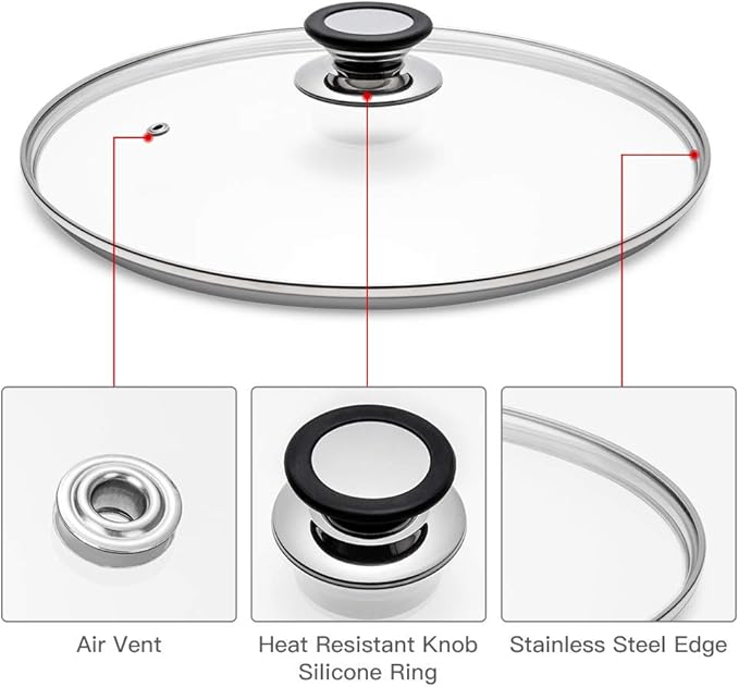 Glass Lid for Frying Pan, Fry Pan, Skillet, Pan Lid with Handle Coated in Silicone Ring,9.5"/24cm, Clear
