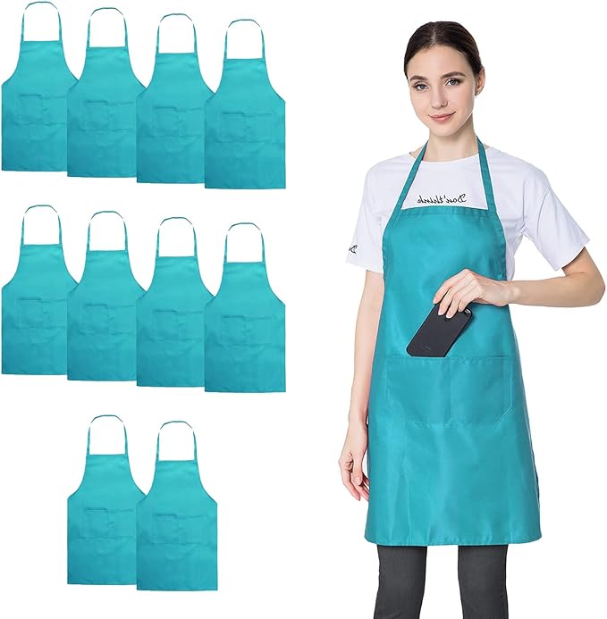 10 Pack Blue Bib Aprons Bulk for Women Girl with Pockets, Baking Party Painting BBQ Cooking Kitchen Apron (10, Blue)