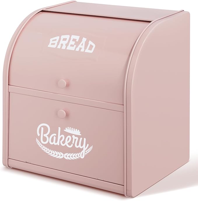 Bread Box, Metal Bread Box For Kitchen Countertop, Bread Storage Container Holds 2 Loaves Of Bread, High Capacity Breadbox, Bread Holder Suit Farmhouse Kitchen Decor For Counter (Pink)