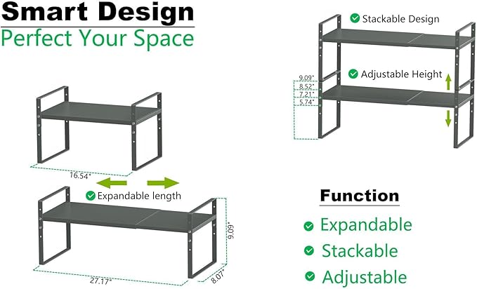 Expandable Stackable Spice Rack Cabinet Shelf Organizer in Cabinets Shelves Kitchen Cupboard Organization Stack up Racks Pantry Countertop Storage (Gray, Medium 2 Packs)