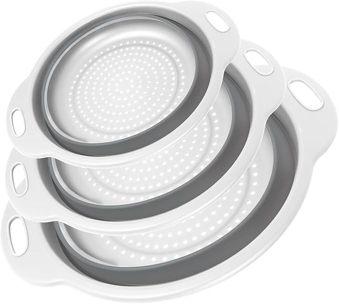 Collapsible Colander 3-Pack Set Space-Saving Foldable Kitchen Strainer with Non-Slip Base Durable Thickened PP+TPE Collapsible Strainers for Pasta, Vegetables, Fruits (Gray-White)