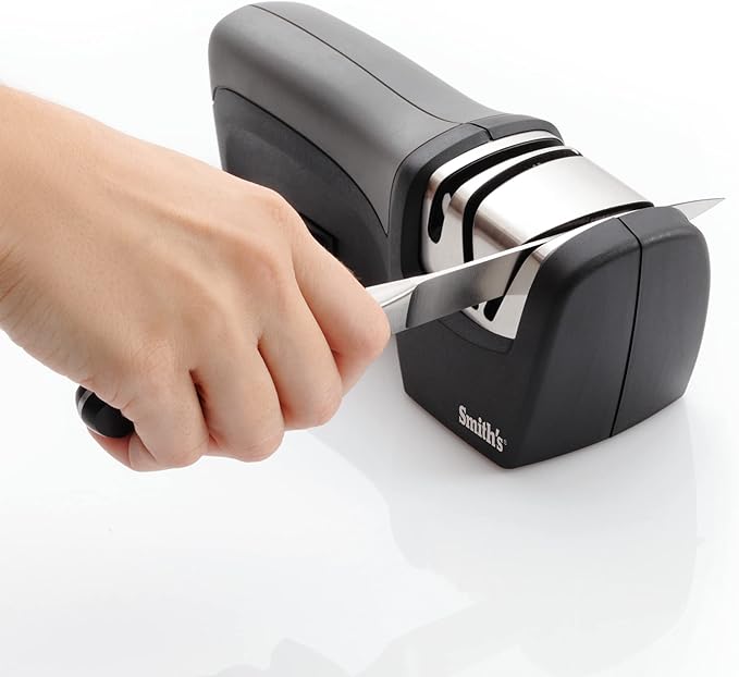 Smith’s 50029 Compact Electric Knife Sharpener , Stainless , Kitchen Knife 2 Stage Sharpener , Electric & Manual , Blade Guide , Quick Sharpening & Polishing , Straight Edge Blades , Handheld 120 V