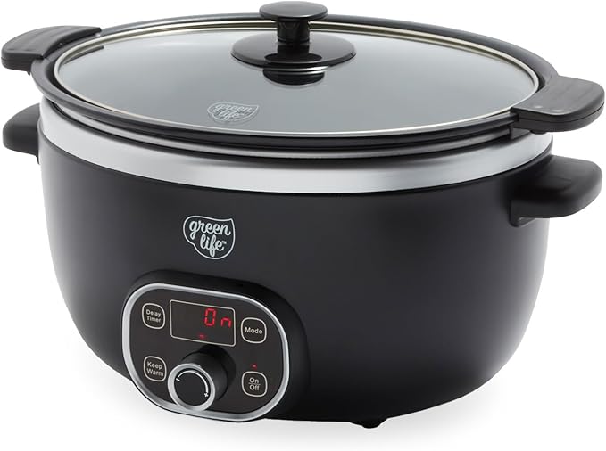 GreenLife 6QT Slow Cooker, Non-Toxic PFAS-Free Ceramic Nonstick Removable Interior Bowl, Programmable, Family Friendly, Keep Warm, Stovetop & Oven Safe, Dishwasher Safe Crock, Timer, Glass Lid, Black