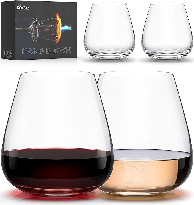 Stemless Wine Glasses Set of 4, 17oz Hand Blown Crystal Red White Wine Glass, Ideal for Birthday and Special Days, Perfect Gifts for Both Men and Women