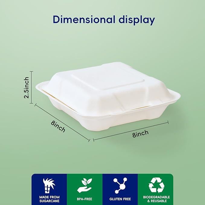 JOLLY CHEF Clamshell Take Out Food Containers, [8 * 8" 50-Pack] To Go Containers Disposable, Sugarcane To Go Box for Thanksgiving, Salad,Lunch