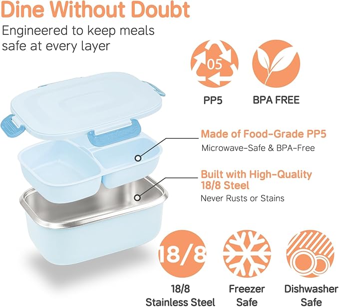 Insulated Bento Box with Thermo, 18/8 Stainless Steel Lunch Box, Bento Box for Adults and Kids with PP5 Containers, Food Containers with Bag for Office or School, Blue