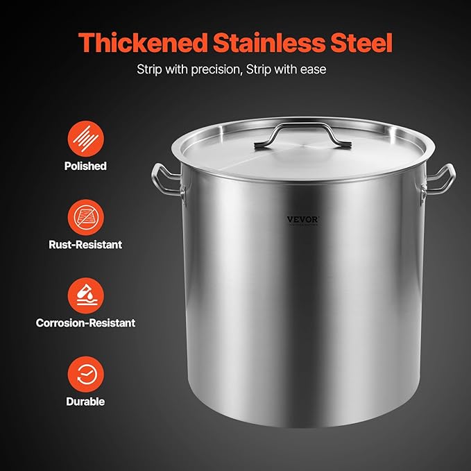 VEVOR Stainless Steel Stockpot, 100 Quart Large Cooking Pots, Cookware Sauce Pot with Basket, Lid, and Handle, Heavy Duty Commercial Grade Stock Pot, Sanding Treatment, for Large Groups Events Silver