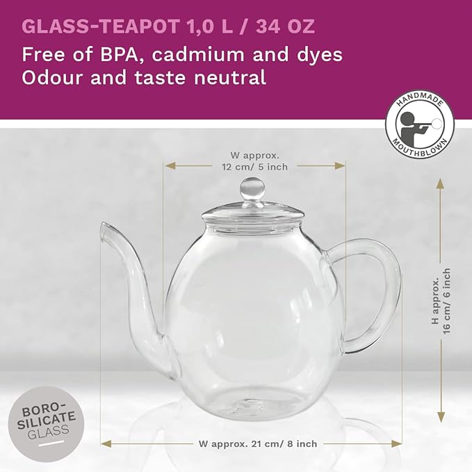 Creano Glass Teapot 34oz (1000ml) with removable stainless steel Tea Infuser - includes 2 Blooming Teas - Giftset - Tea Kettle and Tea Maker