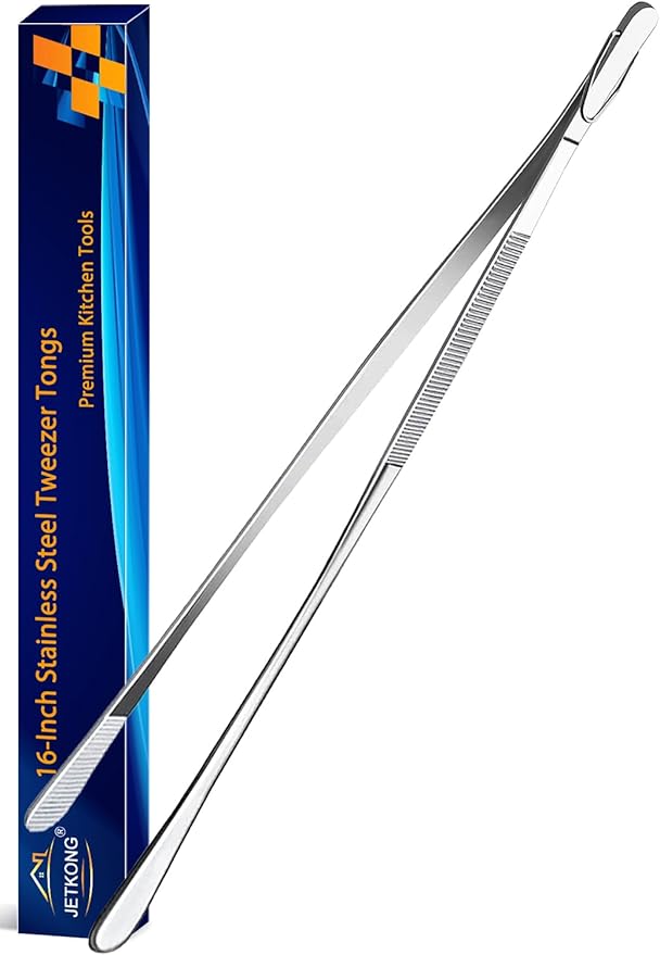 JETKONG 16-Inch Fine Tweezer Tongs Extra-Long Cooking Tweezer Stainless Steel Kitchen Tweezers (Round-Tips)