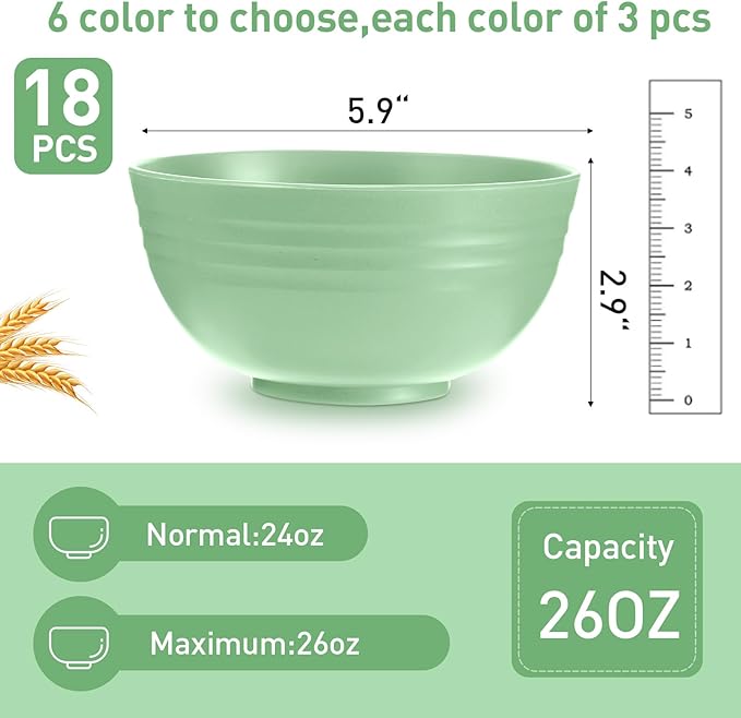 Geosar 18 Pcs Unbreakable Cereal Bowls 24 Oz Microwave and Dishwasher Safe Wheat Straw Fiber Lightweight Bowl for Soup Kitchen Serving Salad Dishes Oatmeal(Green)