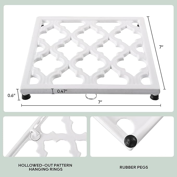 JOGREFUL 2 Pack Cast Iron Trivet Mats, Kitchen Pot Holders to Portect Table/Countertops, Heat Resistant Mats for Teapot/Hot Dishers/Plates, Vintage Mats with Weighted-Base, White