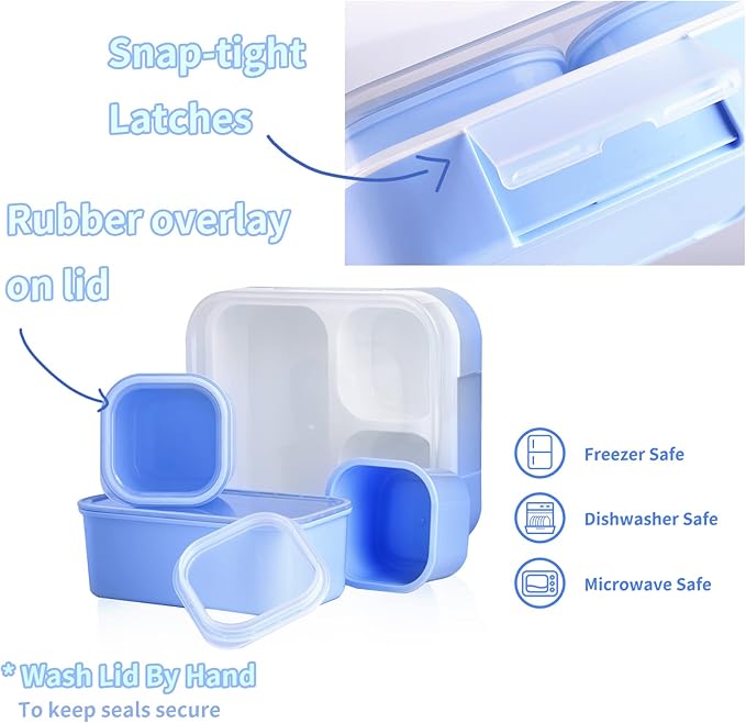 Genteen Small Kids Snack Containers for School 3 Compartment Travel Snack Containers with Dividers Portion Control Lunch box for Kids with Leak-proof Lids BPA Free (Purple + Blue)