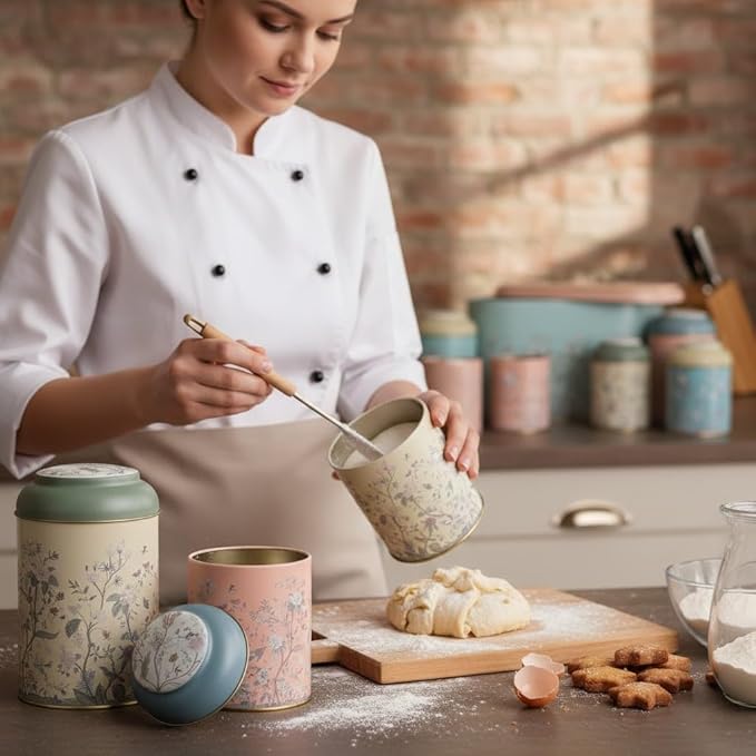 MARIA ROMA 7 Pieces Bread Box for Kitchen Countertop and Canisters Sets for the Kitchen Ideal for Bread Basket Sugar Container Coffee Canister Tea Tin Breadbox Vintage and Rustic Model