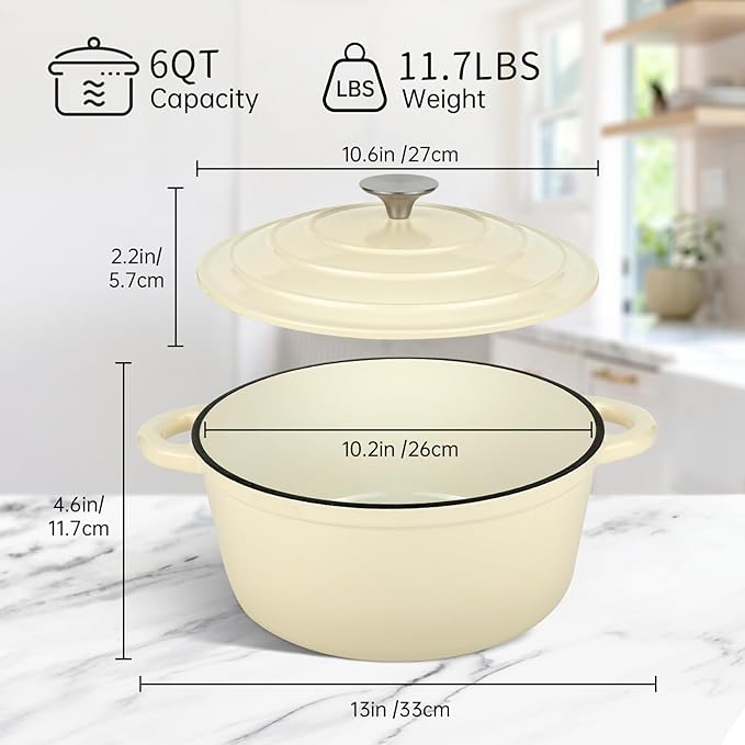 6 Quart Enameled Cast Iron Dutch Oven Pot with Lid and Silicone Accessories, Oven Safe up to 500°F or on Stovetop, Non-stick Dutch Oven for Bread Baking, Cooking, Dual Handles Cookware, Beige
