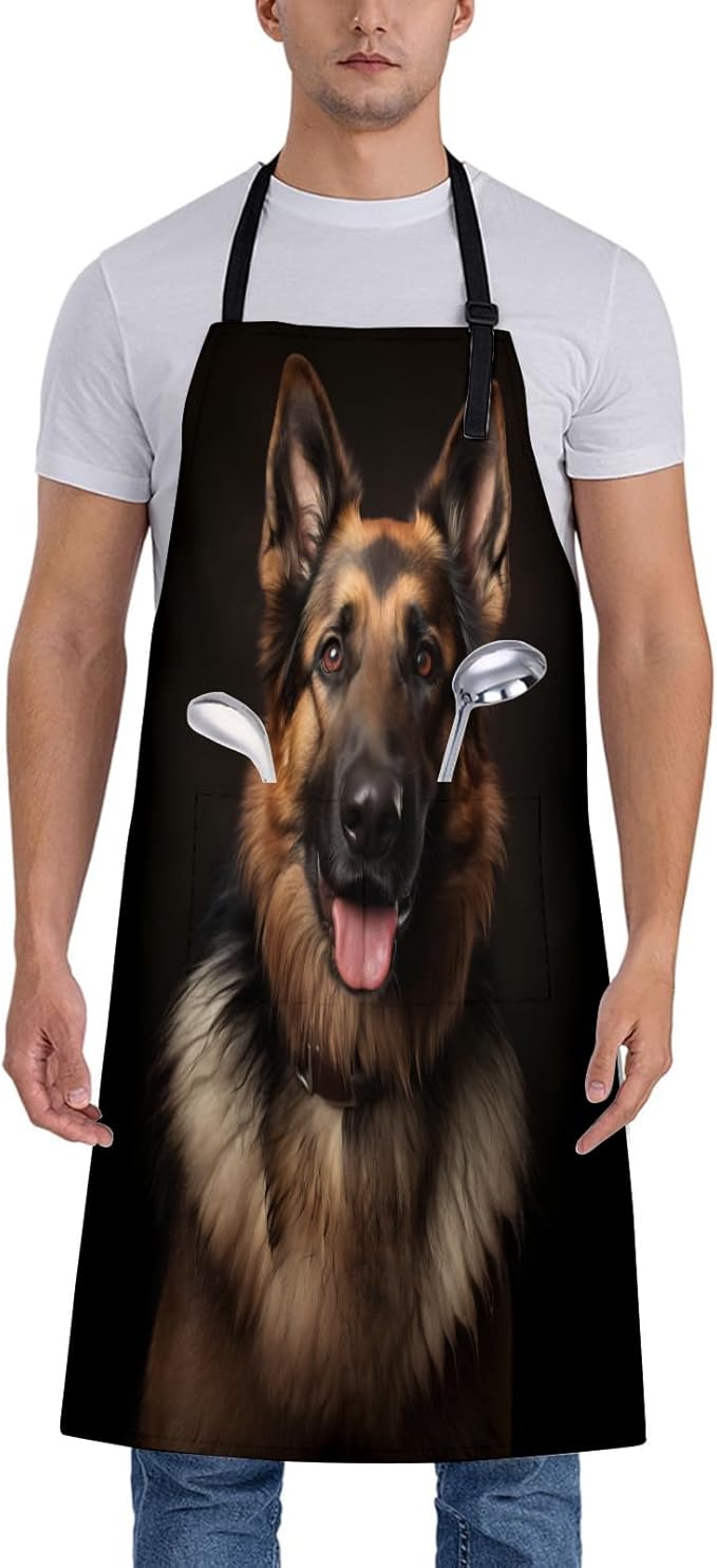 German Shepherd Apron for Women, 28x33in, Kitchen Chef Aprons with 2 Pockets, Polyester, Animal Dog Apron for Cooking BBQ Baking Gardening Chef, Gifts for Mom Wife Dad