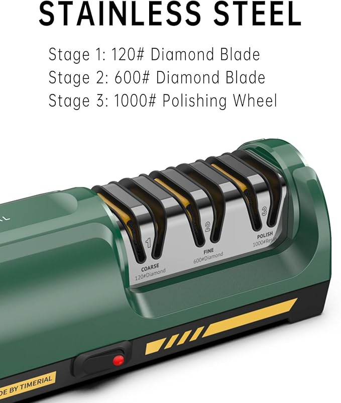 Electric Knife Sharpener 3 Stage Diamond Abrasives Disc 15° Precision Angle Guide, for Sharpening and Polishing Steel Kitchen Knives or Ceramic Knives,120 Grit and 600 Grit and 1000 Grit