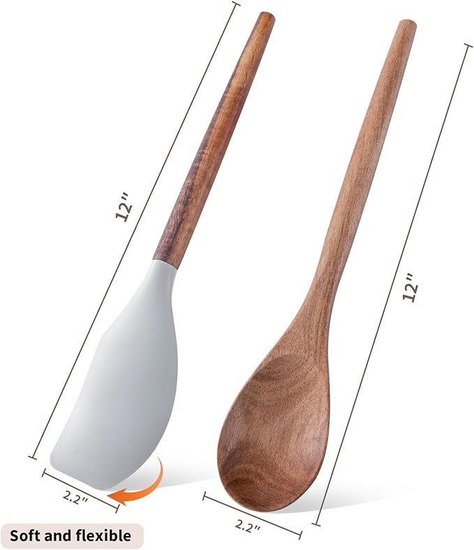 Wooden Cooking Spoons 1pcs Wooden Spoons For Cooking and 1pcs Silicone Spatula Acacia Cooking Spoon Wood Non-Stick Wood Utensil Silicone Scraper Spatula, Kitchen Utensils Cooking Spoon for Serving