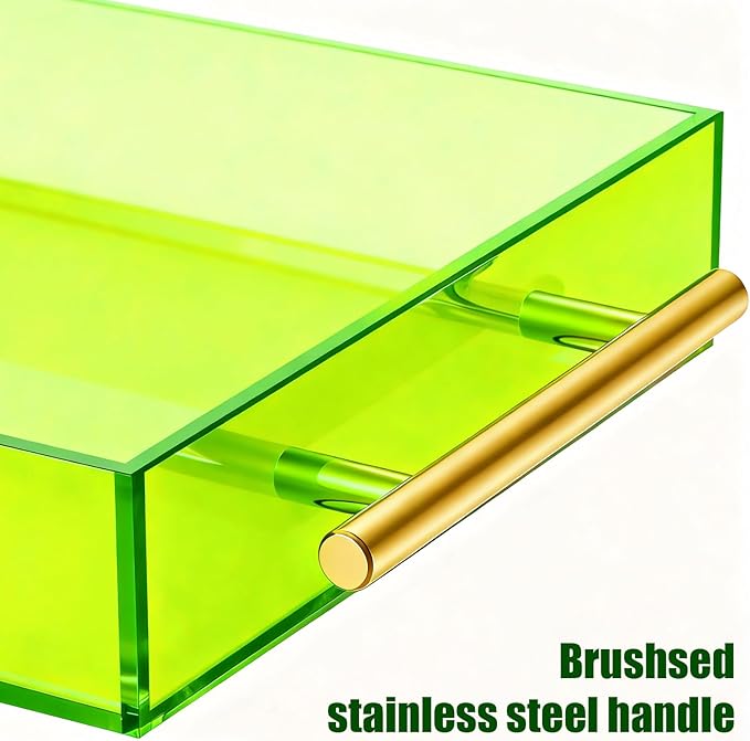 Acrylic Serving Tray with Handles Large Ottoman Food Decorative Tray for Coffee Table Tea Fruit Snack Kitchen Bar Platter, 17x13’’, Neon Green