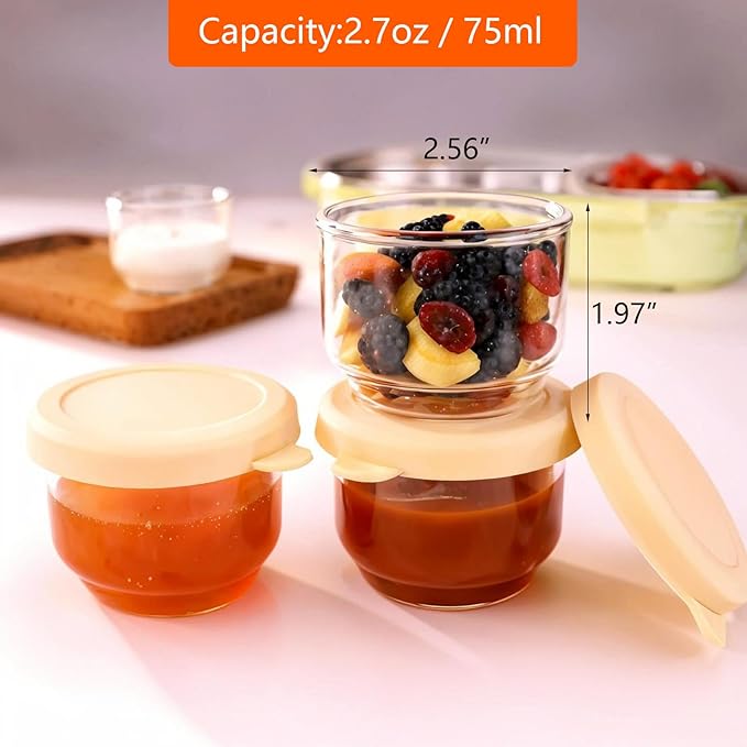 Salad Dressing Container To Go, 2.7 oz Glass Small Condiment Container with Lids, Dipping Sauce Cups for Lunch Box, Leakproof Reusable Sauce Containers, Salad Jars Meal Prep (2.7oz×4pcs)
