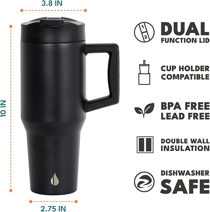 Elemental 32 oz 100% Leak Proof Tumbler with Handle & Straw - Stainless Steel Double Wall Insulated Tumbler for Hot and Cold Beverages - Travel Coffee Mug with Sip & Straw Lid - Black