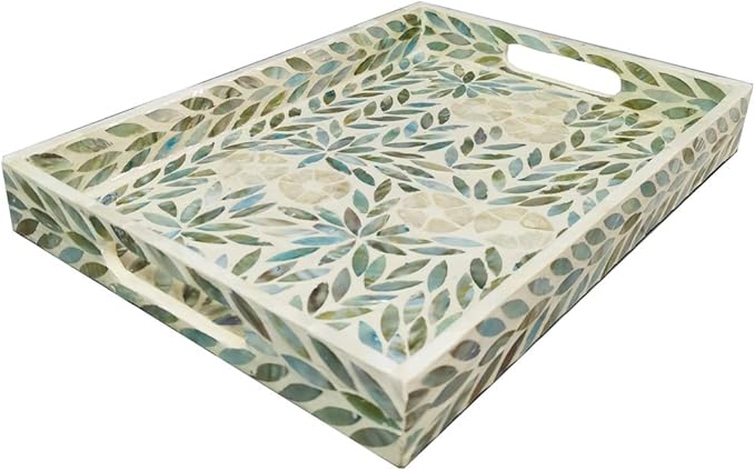 I-LAN Creative Rectangular Mother of Pearl Shell Severing Tray Lacquer Wooden Decorative Tray Handmade Shell Serving Tray with Handles and 2 Inch Wall, 18”Large Green Inlay Nacre Ottoman Tray (45cm)