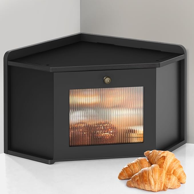 Corner Bread Box for Kitchen Countertop, Wooden Bread Storage for Homemade Bread, Rustic Breadbox with Acrylic Wavy Door, Bread Container for Kitchen Counter Cabinet, Pantry, Cupboard