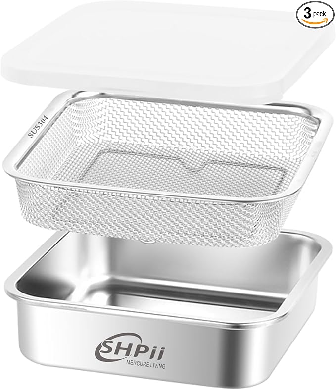 Square Colander Set,304 Stainless Steel with PE Lid,Storage Container,Prep,Tofu Drainer,Shellfish Drainer,Back of House Preparation,Refrigerator Storage,Picnic Party (1500ML)