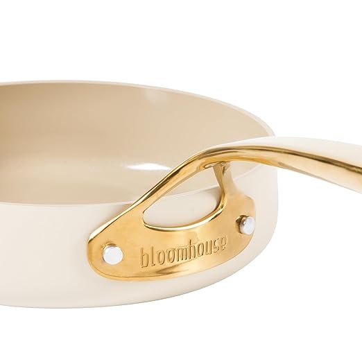 bloomhouse - Two Time Oprah's Favorite Things Winner - 8 Inch Heavy Duty Aluminum Premium PFA Free Ceramic Nonstick Saute/Deep Frying Pan Skillet - Almond Cream w/Gold Handle
