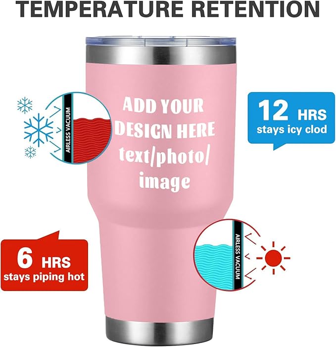 MEWAY Personalized Custom 30oz Stainless Steel Tumbler with Lid, Insulated Double Wall Vacuum Travel Coffee Tumbler Gifts with Text Photo Logo (Pink, 1pack)