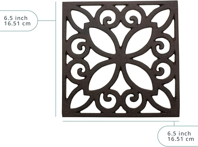 Comfify Decorative Cast Iron Trivet – Square Pattern for Kitchen or Dining Table – 6.5 x 6.5 with Rubber Feet – Recycled Metal – Rustic Design – Rust Brown Color