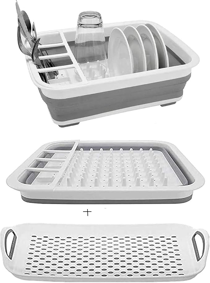 camper must haves dish drying rack Collapsible Dish Drying Rack Portable Dinnerware Drainer Organizer for Kitchen RV Campers Travel Trailers Space Saving Kitchen Storage Rack Tray (with Drainboard)