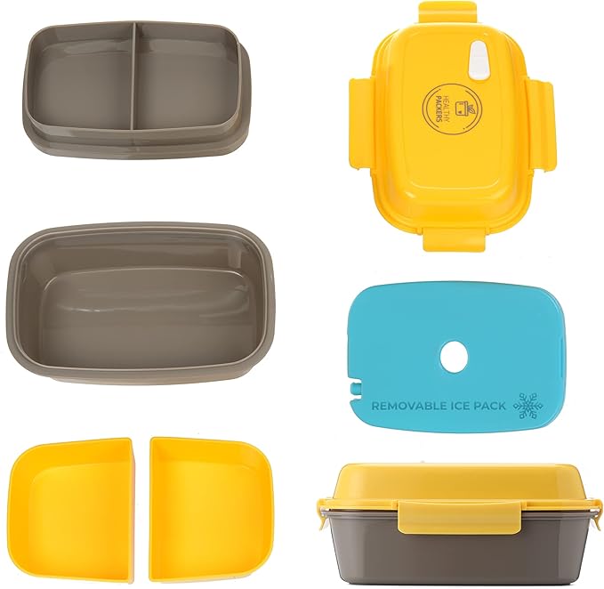 Ultimate Bento Box - Lunch Box for Kids & Adults with Removable Ice Pack - Leakproof, Multi-Compartment Food Container with Removable Containers - Microwave & Dishwasher Safe (Yellow/Gray)