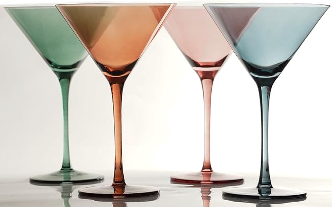 Colored Martini Glasses Set of 4-9 oz, Handmade Premium Crystal Cocktail Glasses, Martini, Cosmopolitan, Manhattan, Gimlet, Pisco Sour, Christmas Gifts for Men Women, Colored