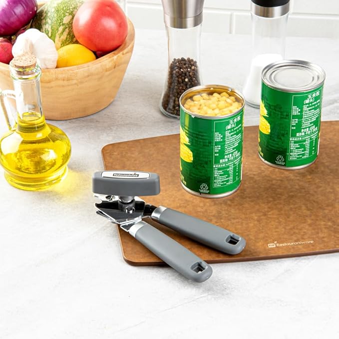 Restaurantware Comfy Grip 7.6 x 1.9 x 2.1 Inch Can Opener 1 Durable Manual Can Opener - Sharp Wheel Blade Grip Handle Gray Stainless Steel Hand-Held Can Opener Built-In Bottle Opener