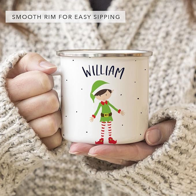 Andaz Press Personalized 11oz. Kids Christmas Hot Chocolate Stainless Steel Campfire Coffee Mug, Green Boy Xmas Elf Standing 1-Pack, Custom Birthday Xmas Cup Kids Mugs For Hot Chocolate Christmas Mugs